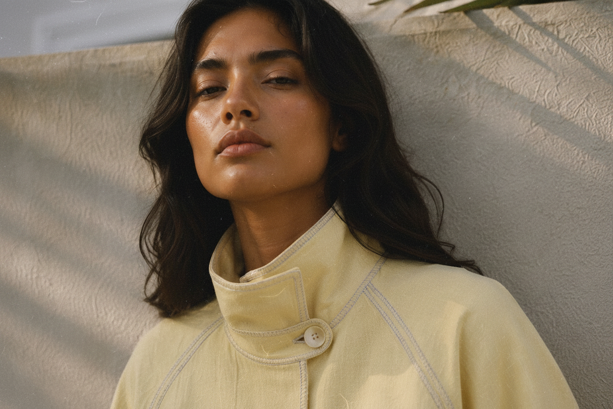 A woman with dark hair wearing a pale yellow high-neck jacket with a single button closure, leaning against a textured beige wall.