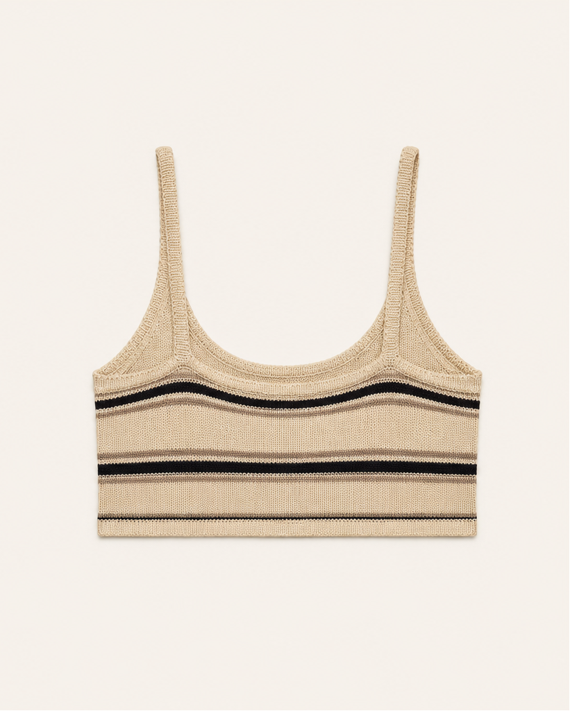 Two beige knit camisole crop tops with horizontal black and beige stripes, shown flat against a light cream background.