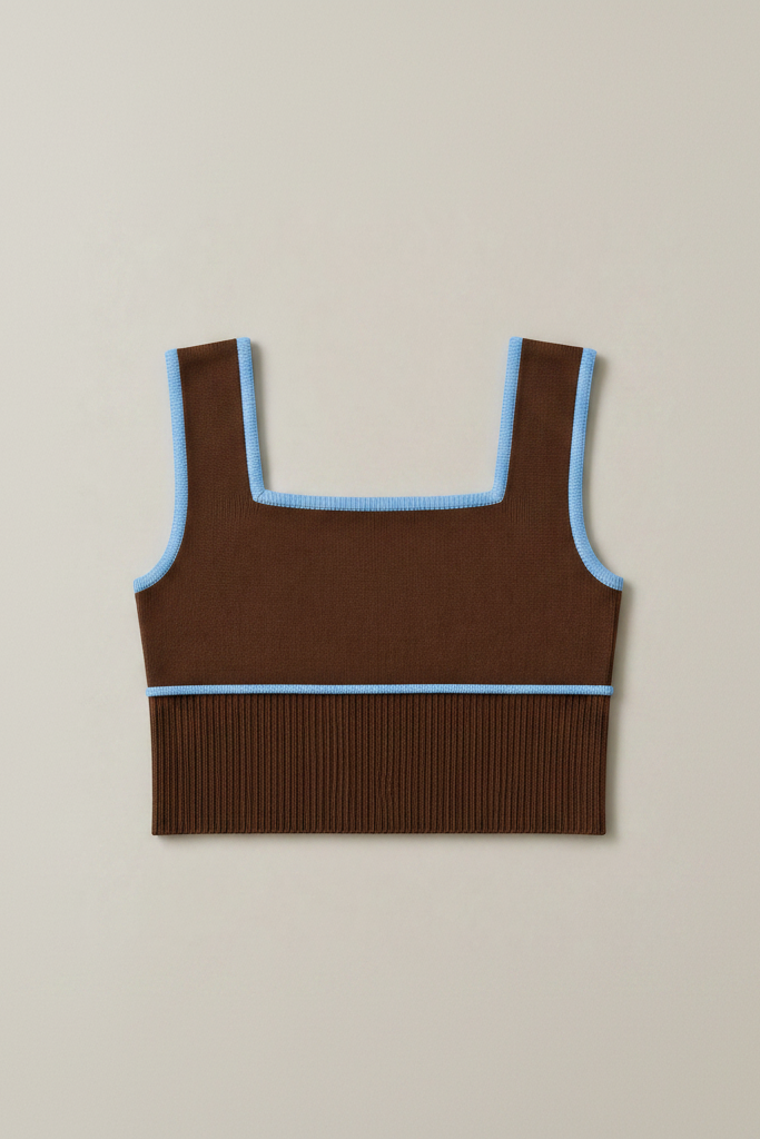 A brown ribbed knit crop top with light blue trim along the scoop neck and armholes, laid flat on a neutral beige background.