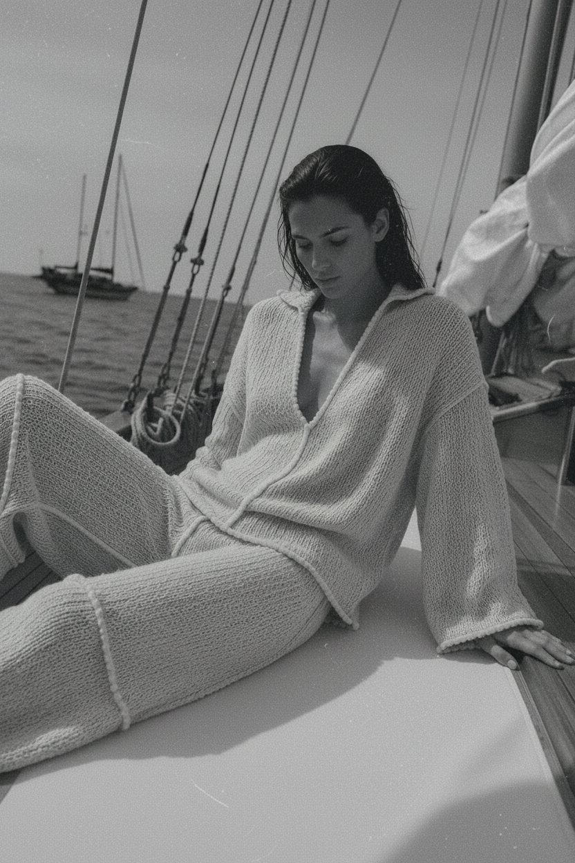 A woman wearing a matching beige knit lounge set sits on the deck of a sailboat with the ocean in the background.